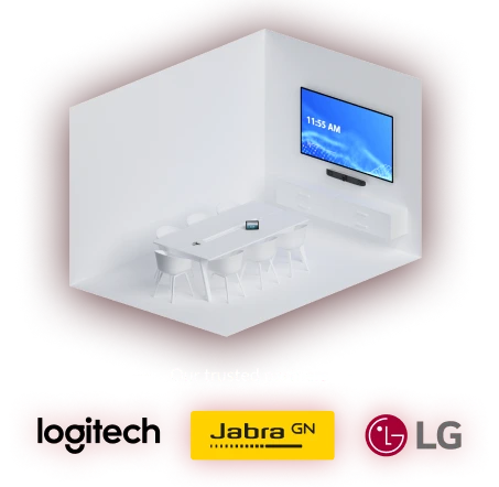 A 3D illustration of a conference room with a large screen, a table, and chairs. Below the image, there is a list of trusted partners: Logitech, Jabra GN, and LG.