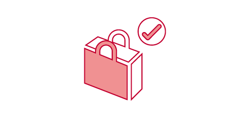 Icon of a red shopping bag with a red check mark in a circle to the side
