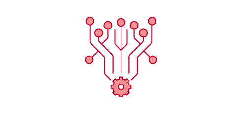 Icon of a red gear with lines and dots branching out, like a network.
