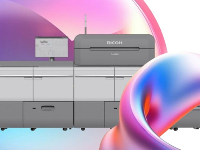 A sleek, grayscale industrial printer is depicted on a white background. Colorful, abstract swirls in pink, blue, and purple frame the edges, adding vibrancy.