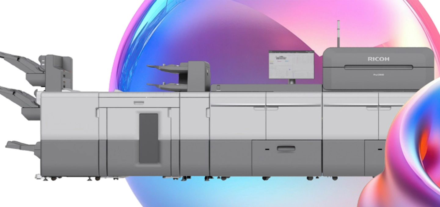 A sleek, grayscale industrial printer is depicted on a white background. Colorful, abstract swirls in pink, blue, and purple frame the edges, adding vibrancy.